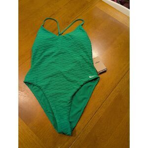 Nike Swim Women’s One Piece Swimsuit Green Textured Swoosh Logo Size L NWT $90